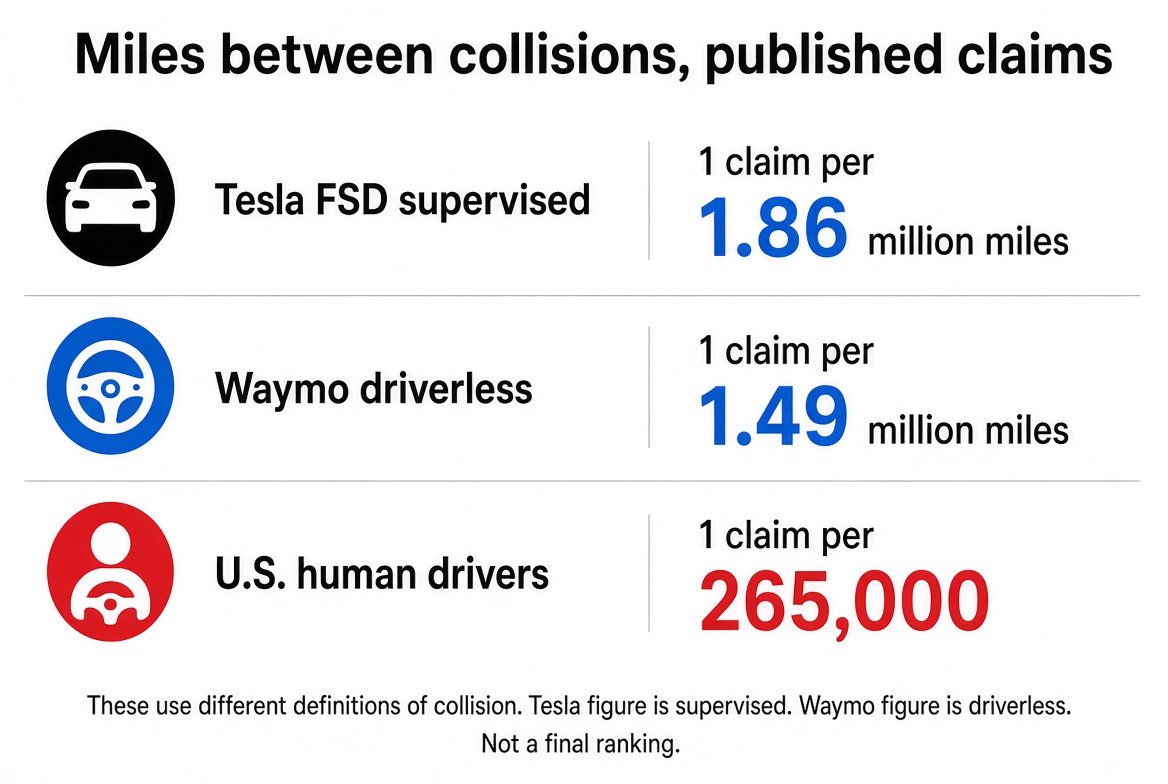 Published miles-between-collision claims for Tesla FSD, Waymo, and human drivers