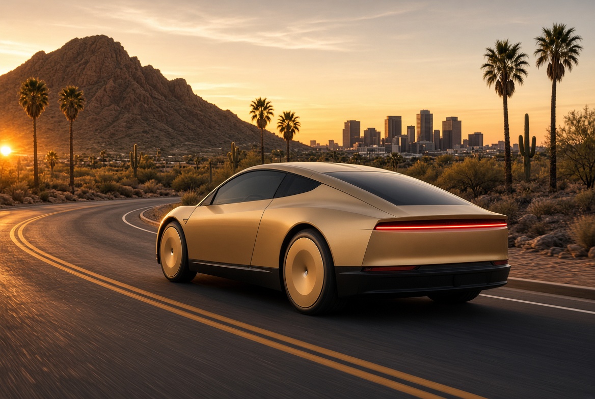 Cab on a Phoenix desert road toward the skyline