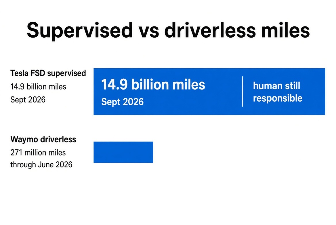 Tesla FSD supervised miles versus Waymo driverless miles