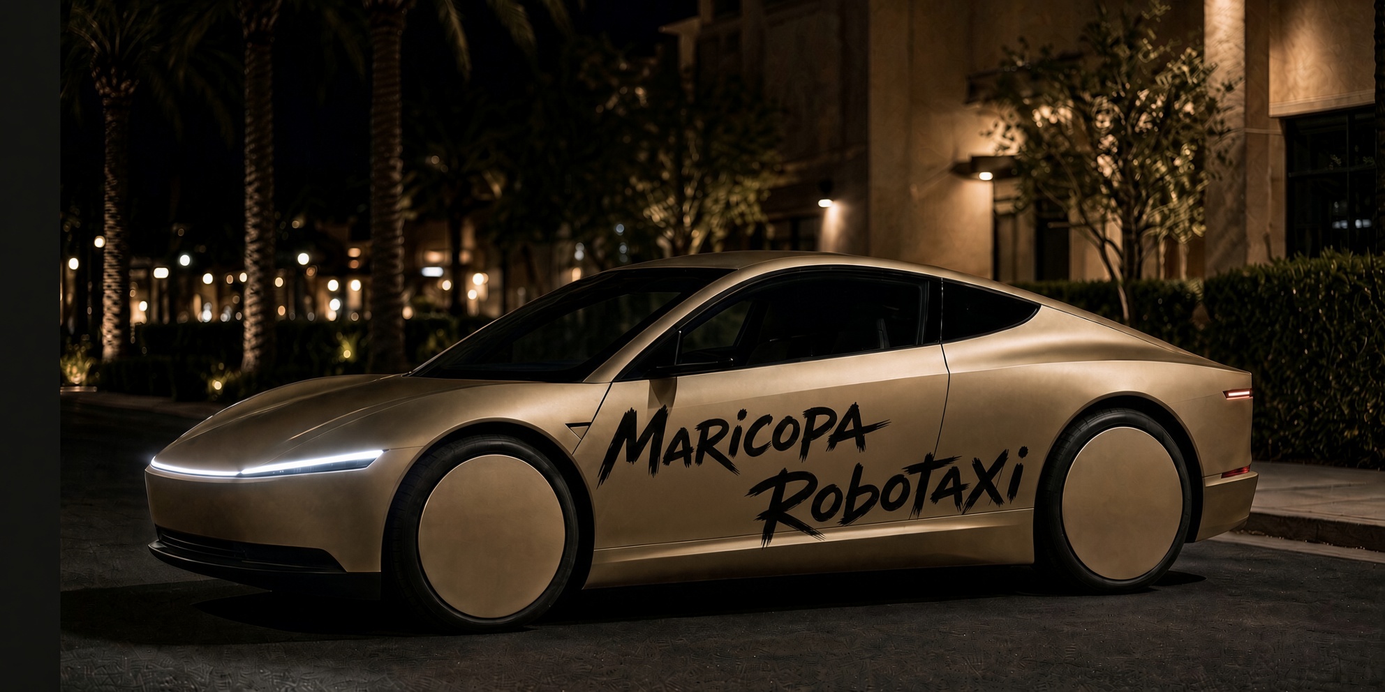 Gold cab with Maricopa Robotaxi lettering in Scottsdale